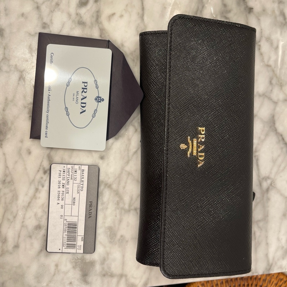 Prada Black Saffiano Leather Wallet with Gold Zipper